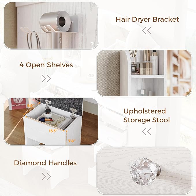 IRONCK Vanity Desk with Mirror and Lights, Makeup Vanity Table with 10 Drawers, Jewelry Organizer, Power Outlet, Storage Stool, and 3 Lighting Colors, White Vanity for Women Girls Bedroom