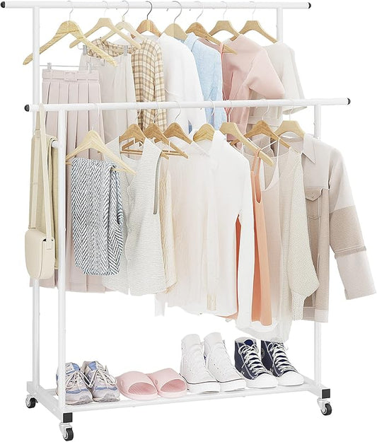 Calmootey Double Rod Clothing Garment Rack,Rolling Hanging Clothes Rack,Portable Clothes Organizer for Bedroom,Living Room,Clothing Store,White