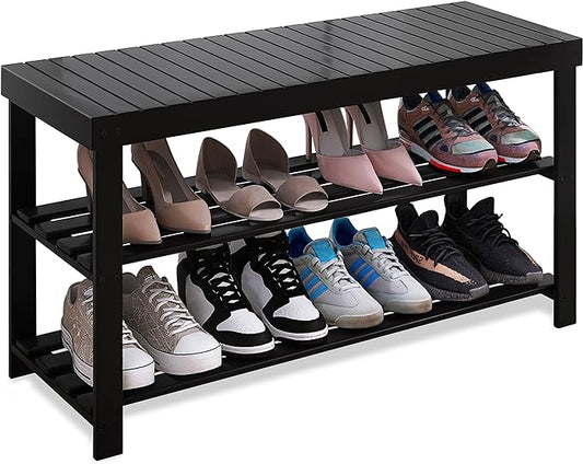SMIBUY Bamboo Shoe Rack Bench, 3-Tier Shoe Organizer Storage Shelf for Entryway Hallway Bathroom Living Room (Black)