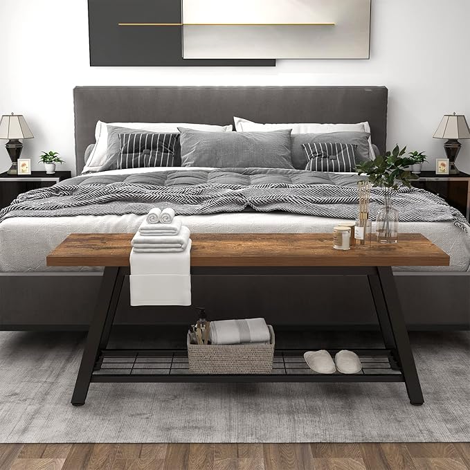 Storage Bench Industrial Rustic Wooden and Metal Entryway Shoe Boots Storage Rack Long Bench Seat for Hallway Bedroom Retro Brown Farmhouse Style