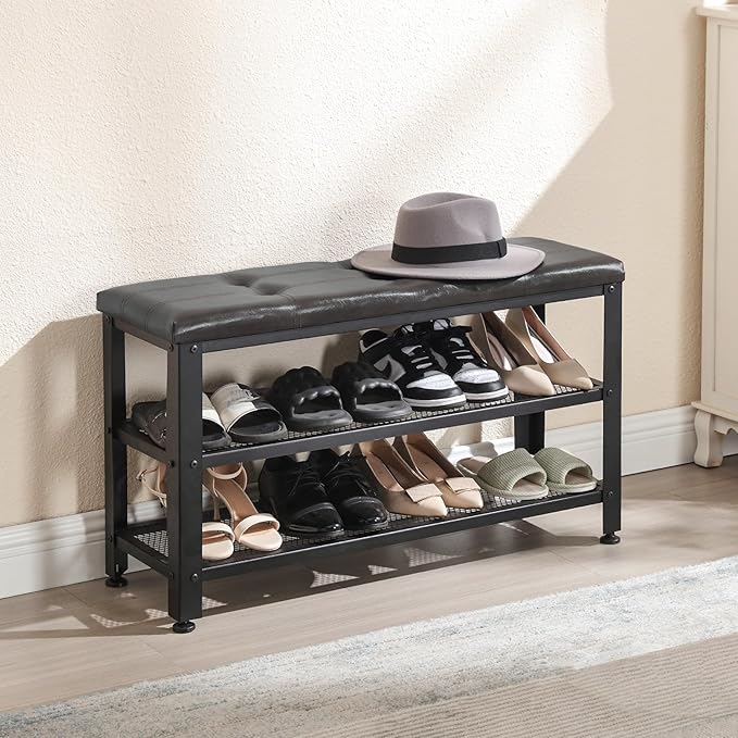 Apicizon 35.5" Shoe Rack Bench, 3-Tier Entryway Bench, with Leather Seat and Metal Frame, Loads 300 lb, Suitable for Living Room, Hallway, Mudroom, Doorway, Black