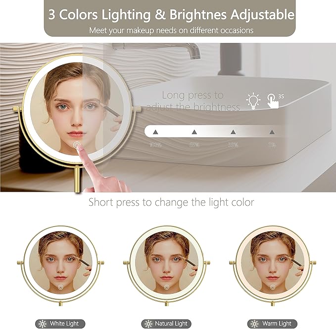 8" Lighted Makeup Mirror, 1X/10X Magnification Mirror with Lights, Double Sided Dimmable Mirrors, Rechargeable & Brightness & Height Adjustable, Cordless Vanity Mirror(Gold)
