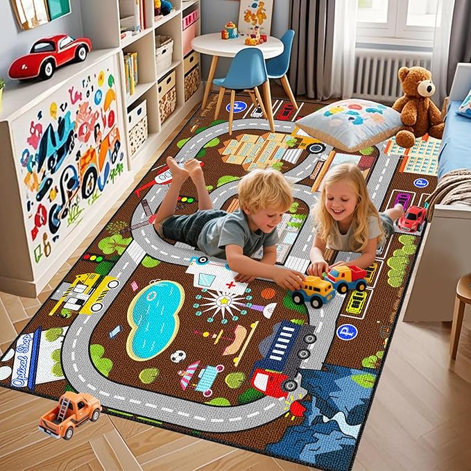Car Rugs for Kids Toy Cars - Kids Carpet for Playroom Car Track Rug City Life Road Rug for Playroom Living Room Bedroom, 2'5''×4'
