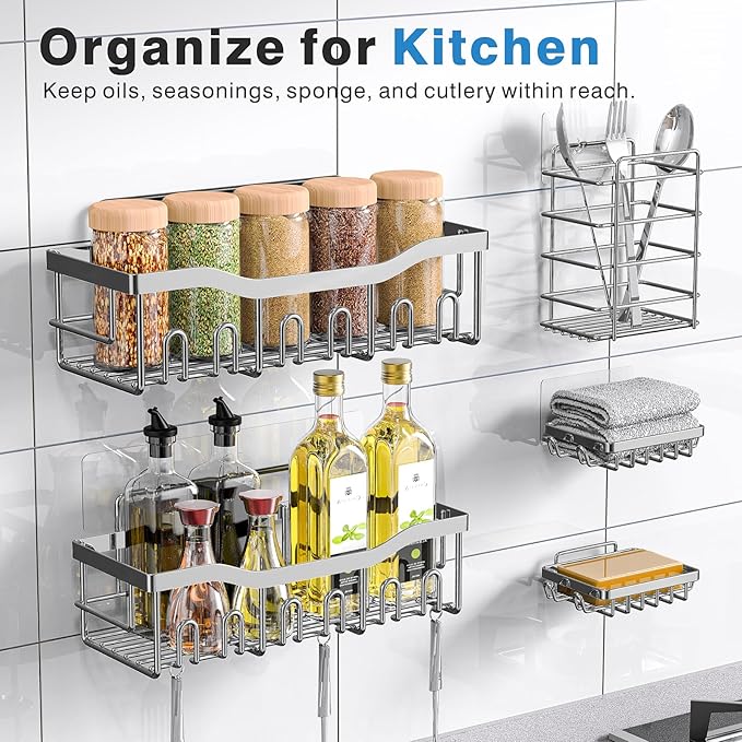 5-Pack Rustproof Stainless Steel Shower Caddy – No Drill Adhesive Bathroom Organizer with Large Capacity, Spacious Shower Shelves for Inside Shower, Kitchen & Home Decor Storage-XL Size