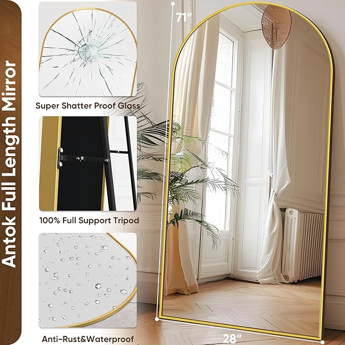 Antok Full Length Mirror, 71"x28" Floor Mirror with Stand, Hanging Mounted Mirrors for Bedroom, Living Room, Cloakroom, Dining Room, Gold, Arched