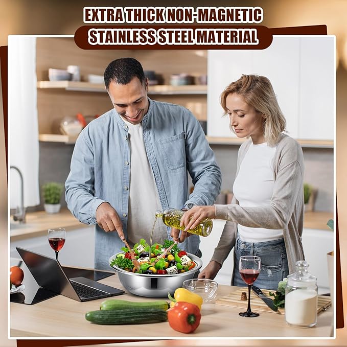 Nuogo 4 Pcs Stainless Steel Mixing Bowls Metal Mixing Bowls Extra Large Basin Salad Basin Deeper Edge Dishwasher Safe Mirror Finish for Home and Commercial, Silver (13 Inch 8 Qt)