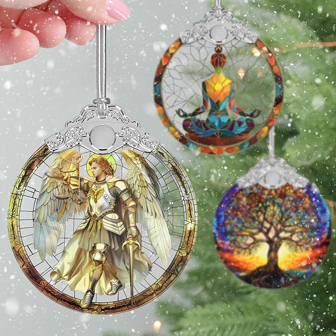 Christmas Ornaments, 3" Stained Glass Christmas Decor, Archangel Michael Ornaments for Christmas Tree, Christmas Tree Decorations, Gifts for Men, Perfect for Holiday Party, Window, Tree, Home Decor