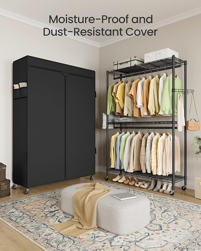 SONGMICS Heavy-Duty Rolling Clothes Rack, Garment Rack, Portable Closet, 43.3-Inch Wide Clothing Rack on Wheels, with Adjustable Mesh Shelves and Hanging Rails, Fabric Cover, Ink Black ULGR415B01