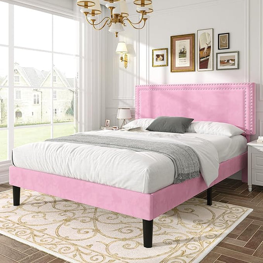 VECELO Full Size Bed Frame with Adjustable Upholstered Headboard, Wooden Slats Platform, Noise-Free Design, No Box Spring Needed, Easy Assembly