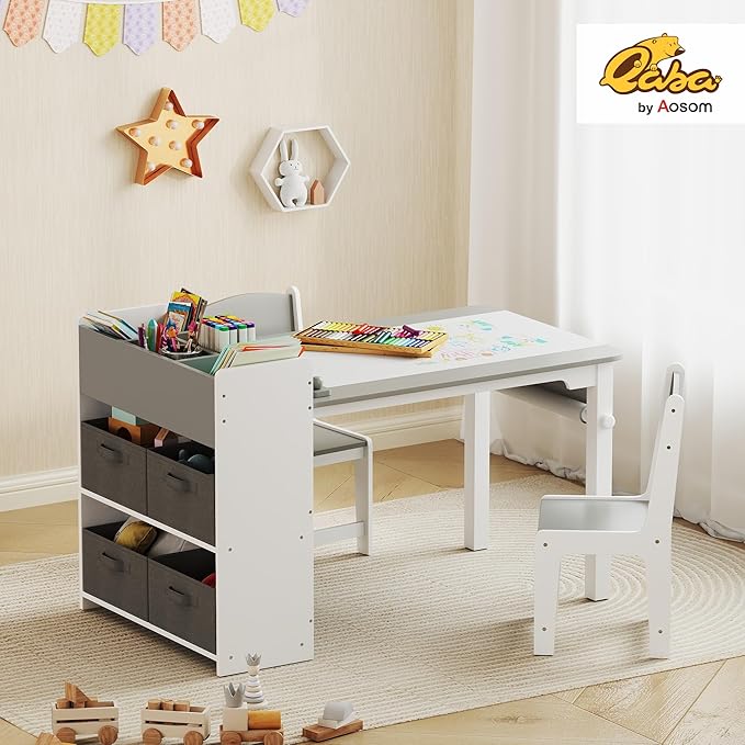 Qaba Kids Art Table & Easel Chair Set with Paper Roll, Toddler Desk and Chairs Set with Storage Shelves and Drawers, Activity Craft and Play Table for Writing Drawing Aged 3-8 Years Old, Gray