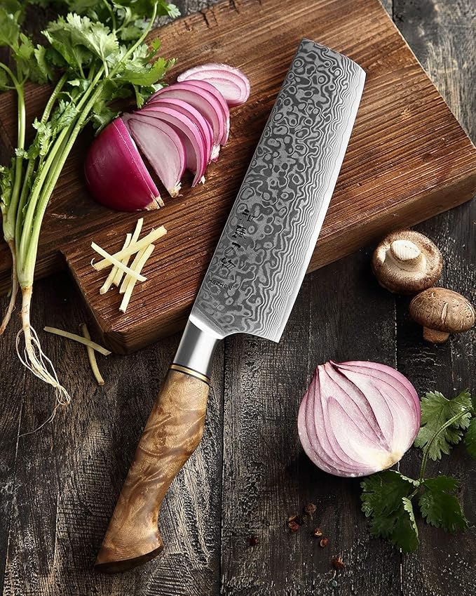 HEZHEN 7 inch Nakiri Knife Japanese High Carbon Steel-Super Durable Cooking Knife-67 Layers of Damascus Steel Sharp Blade -Ergonomic Design for Figured Sycamore Wood Handle