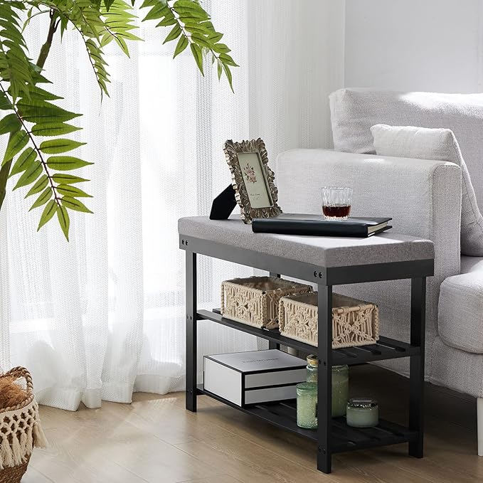 Apicizon 3-Tier Shoe Rack for Entryway, Bamboo Shoe Bench with Cushion Padded Seat, Small Shoe Organizer with Storage for Indoor Entrance Hallway Bedroom Living Room, Black