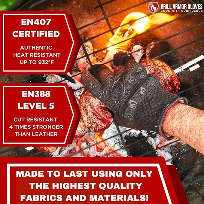 Grill Armor Oven Gloves 932°F Extreme Heat & Cut Resistant Oven Mitts with Fingers for BBQ, Cooking, Grilling, Baking – Accessory for Smoker, Cast Iron, Fire Pit, Camping, Fireplace and More