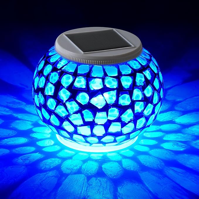 Color Changing Solar Powered Glass Mosaic Ball Led Garden Lights Rechargeable Outdoor Waterproof Solar Night Lights Table Lamps for Decorations Blue