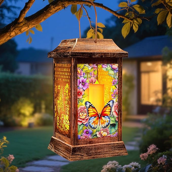 Butterfly Solar Lanterns Outdoor Waterproof, Metal & Glass Hanging Lights Garden Decor, Birthday Gifts for Women Mom Grandma Mothers Day, Decorative Lights for Outside Yard Patio Backyard Porch