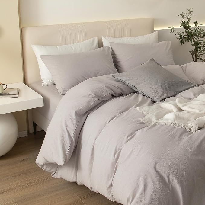 JIYUAN 100% Washed Cotton Duvet Cover Set 3 Pieces King, 1 Duvet Cover 104x90 Inches(Comforter Not Included) and 2 Pillowcases,Linen Feel Bedding Set Comfy and Breathable, Heathered Linen