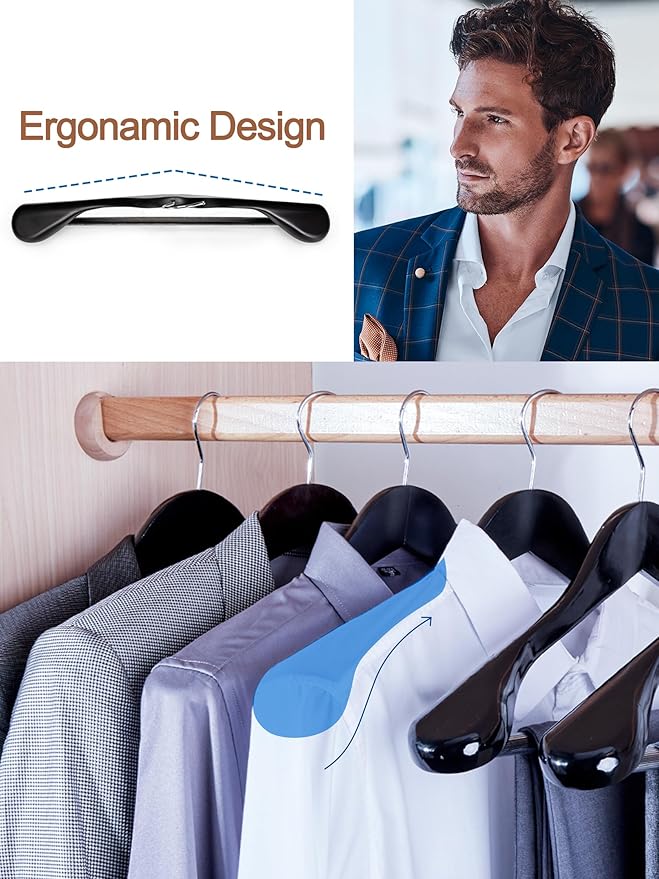 HOUSE DAY High-Grade Suit Hangers, Wide Shoulder Wooden Hangers with Non Slip Pants Bar, Smooth Finish 360° Swivel Hook Solid Wood Coat Hangers for Dress, Jacket, Heavy Clothes Hanger 6 Pack (Black)