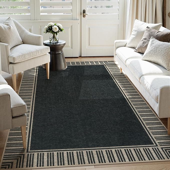 OJIA Easy Jute 5x7 Outdoor Rug, Washable Patio Rugs for Living Room Striped Border Indoor Outdoor Carpet Farmhouse Non-Slip Black Rug Geometric Area Rug for Porch Backyard Dining Room