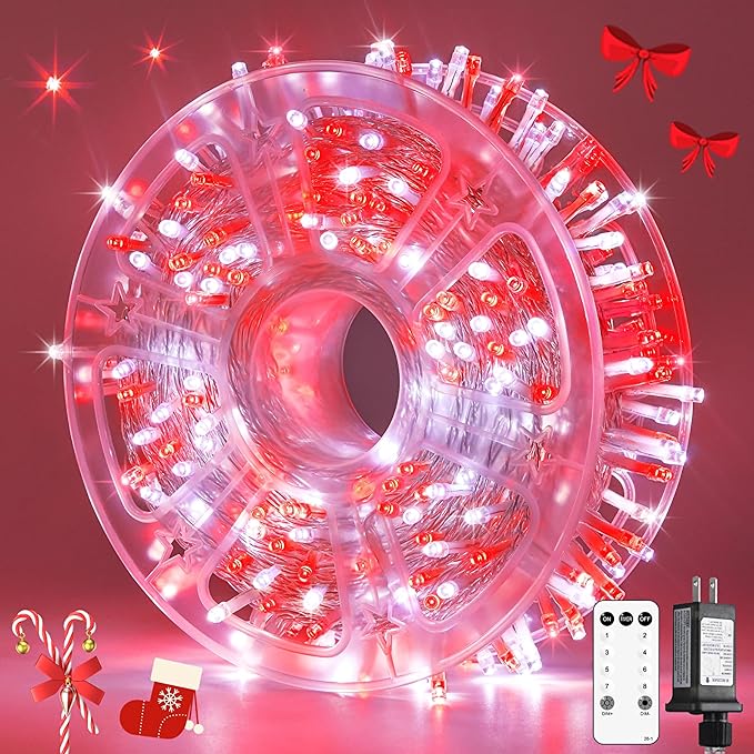 JMEXSUSS 132ft Red and White Christmas Lights Outdoor with Remote, 400 LED String Lights Indoor Plug in with Remote, 8 Modes Christmas Fairy Lights for Bedroom Tree Party Christmas Decorations