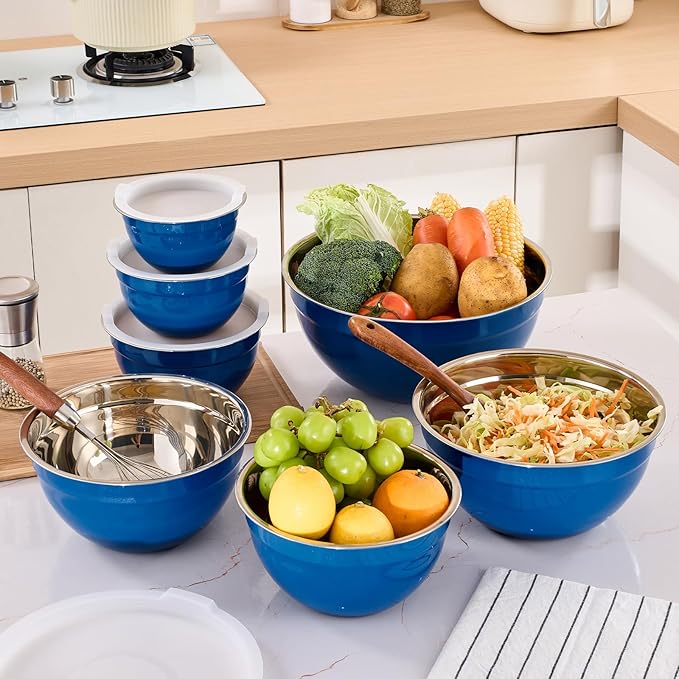 Blue Mixing Bowls with Airtight Lids, Stainless Steel Nesting Mixing Bowls Set of 7, Ideal for Baking, Prepping and Serving Food, Size 7, 3.6, 2.7, 2.1, 1.5, 1.1,0.8 QT, Stackable Design