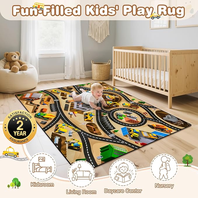 Kids 4x6 Ft Construction Site Car Rug - Extra Thick (0.4in),Tufted Wool & Rubber, Non-Slip, Stain & Fade Resistant, Machine Washable, Rustic Cartoon Construction Site Pattern