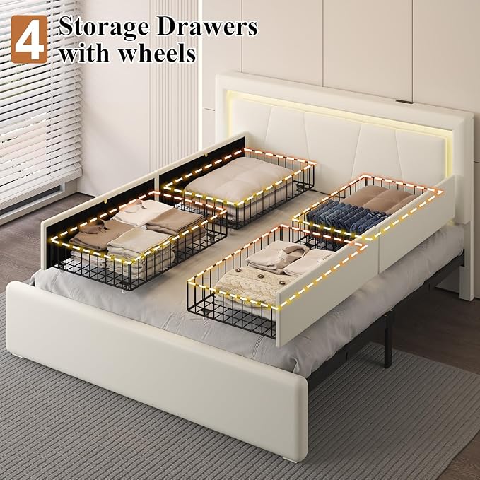 Queen Size Bed Frame with 4 Storage Drawers and LED Lights, Upholstered Platform Bed with Adjustable Headboard and Charging Station, Metal Slats Support, No Box Spring Needed,Easy Assembly, White