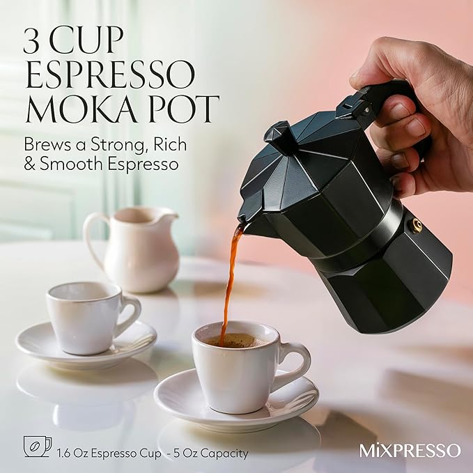 Mixpresso Black 3 Cup Moka Pot Cuban Coffee Maker, Moka Pot for Gas, Electric Stove Top, Classic Italian Coffee Maker, Stovetop Espresso Maker, Camping Pot Makes 3 Espresso Cup 5 Oz - Mug 4.4 Oz