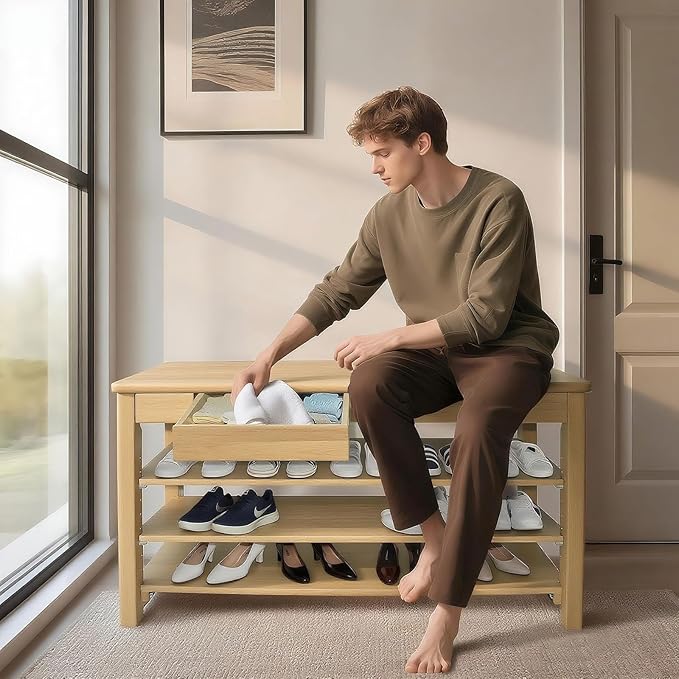 Wood Shoe Bench Entryway with Drawer: 3-Tiers Wooden Storage Shoe Rack with Bench Seat, Compact Mid-Century Modern Design for Entryway,Hallway,Closet,Front Door Entrance,Foyer Natural 39.3"