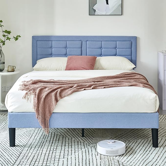 VECELO Full Size Bed Frame with Adjustable Headboard, Upholstered Button Tufted Platform Bedframe with Wood Slats Support, No Box Spring Needed, Light Blue