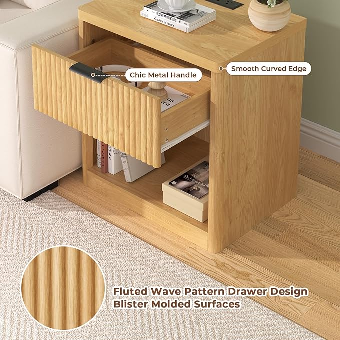 HOMMPA 22'' Fluted Nightstand Set of 2 with Charging Station, Modern Bedside Table w/Storage, Bedside End Table w/Open Compartment, Mid Century Modern Wood Night Stand for Bedroom, Living Room