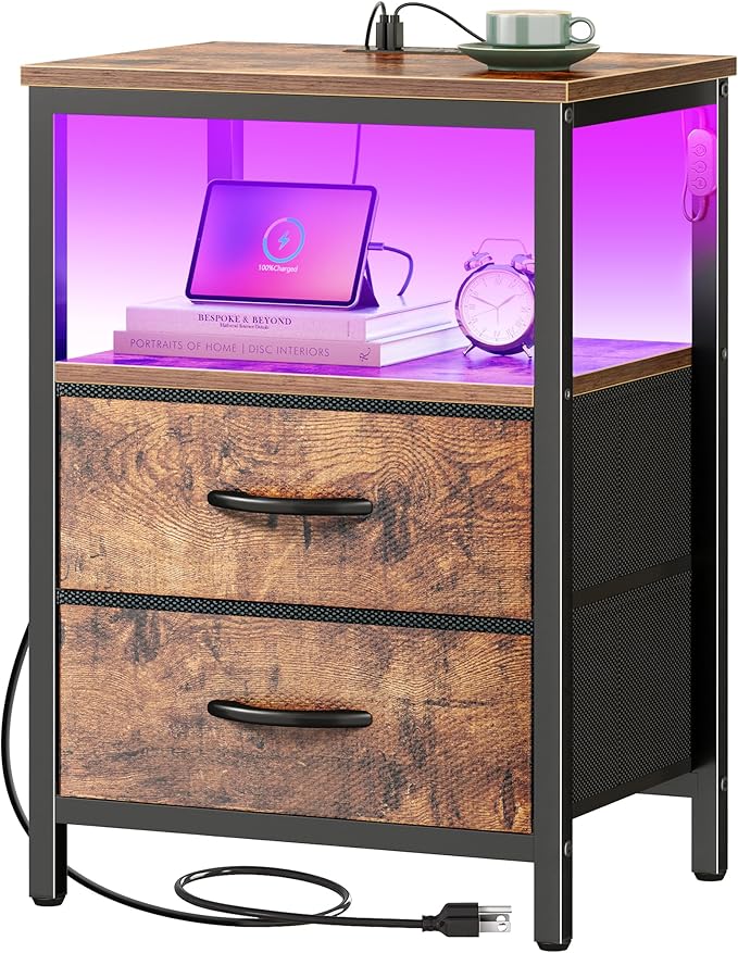 Huuger Night Stand with Charger Station and LED Lights, 2 Drawer Nightstand, Bed Side Table with Open Shelf, End Table, Fabric Dresser for Bedroom, Rustic Brown