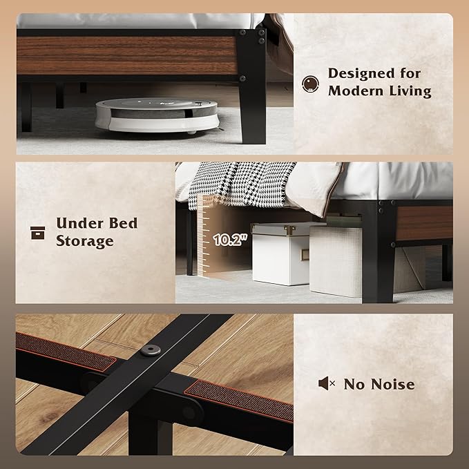 WLIVE King Size Upholstered Bed Frame with 2 Side Shelves, Linen Tufted Storage Headboard with Charging Ports and LED Light, Metal Solid and Stable, No Box Spring Needed, Easy Assembly, Brown