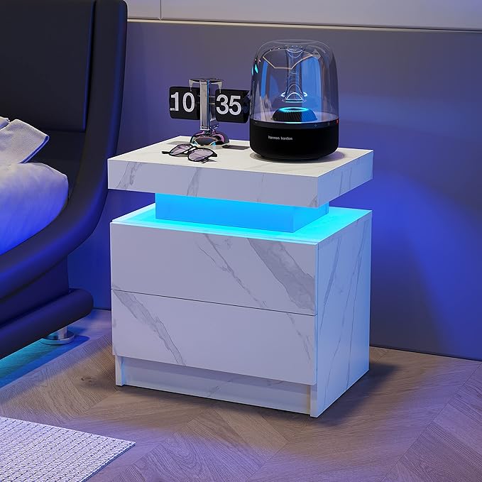 LED Nightstands Set of 2, Modern End Side Table with 2 Drawers, LED Bedroom Furniture for Bedroom and Living Room, White Marble Pattern