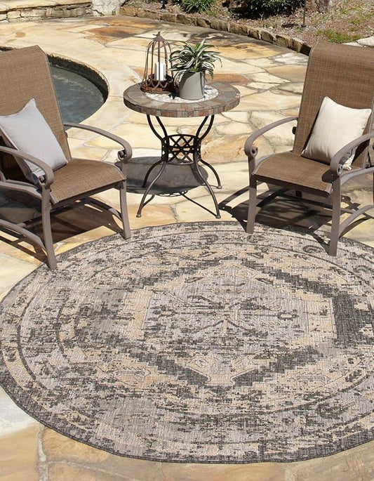 Unique Loom Outdoor Traditional Collection Area Rug - Valeria (3' 1" Round, Charcoal/ Natural)