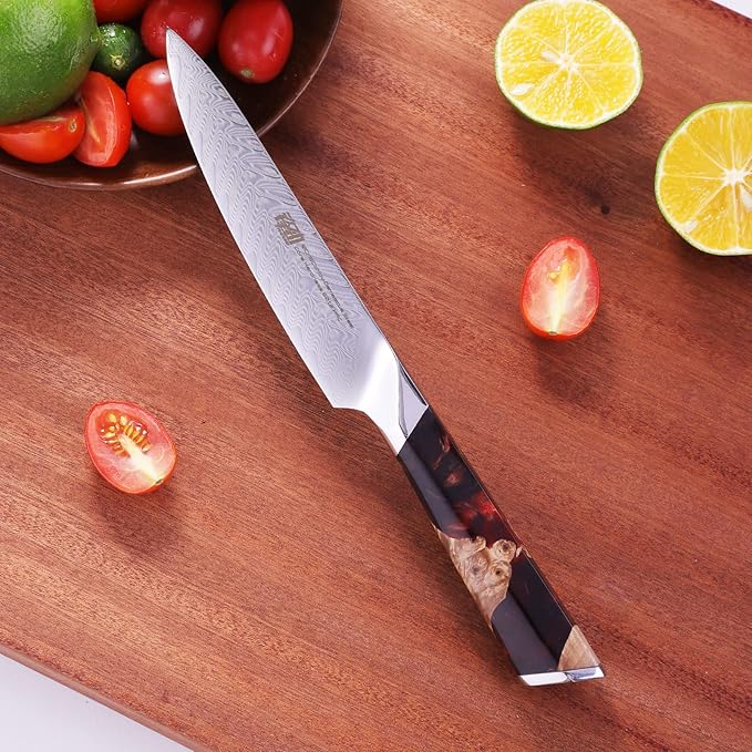 FINDKING Nebula Series Kitchen Utility Knife with ABS Sheath, Versatile Small Petty Knife, 10Cr15CoMov Damascus Blade, Resin and Figured Sycamore Handle, Full Tang, 5 Inch, Red, for Fruit, Steak