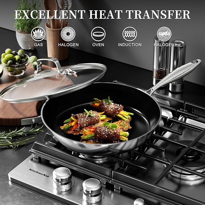 Stainless Steel Frying Pan with Lid 8.6 inch Titanium Ceramic Nonstick Frying Pan,Skillet with Stay-Cool Handle Non Toxic Healthy Ceramics Egg Pans,PFAS PFOA PTFE Free,Suitable for All Stove
