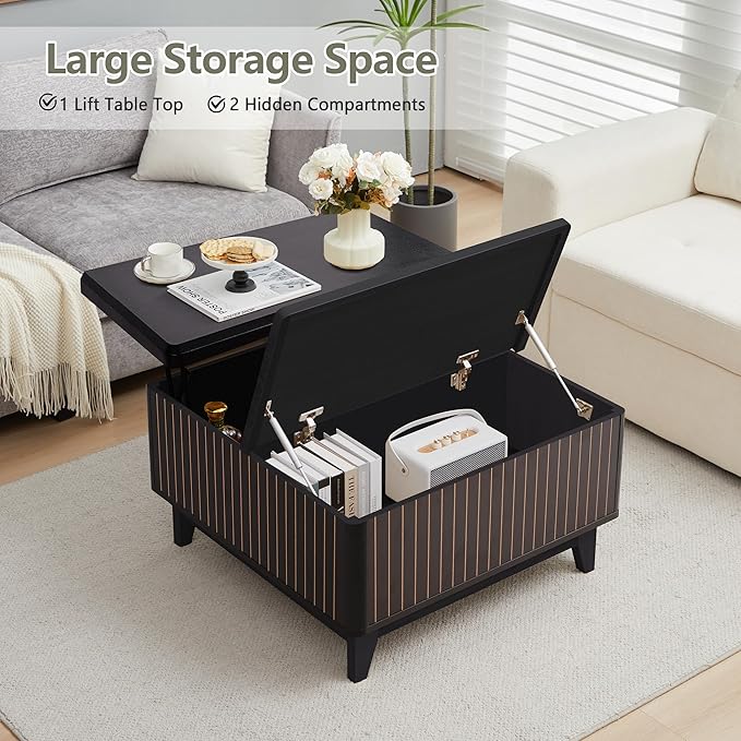 Lift Top Coffee Table, Square Coffee Table with Hidden Storage Compartment, Farmhouse Wood Center Table Dining Table for Living Room, Bedroom, Home Office (Black)
