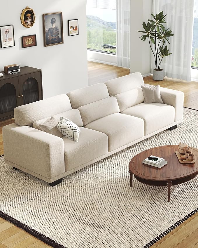 Pipishell 3 Seater Sofa Couch with Deep Seats and Wide Armrests, 89" Couches for Living Room, Comfy 3-Seater Futon Sofas, Modern Upholstered Couch with Removable Washable Cover, Linen Fabric, White