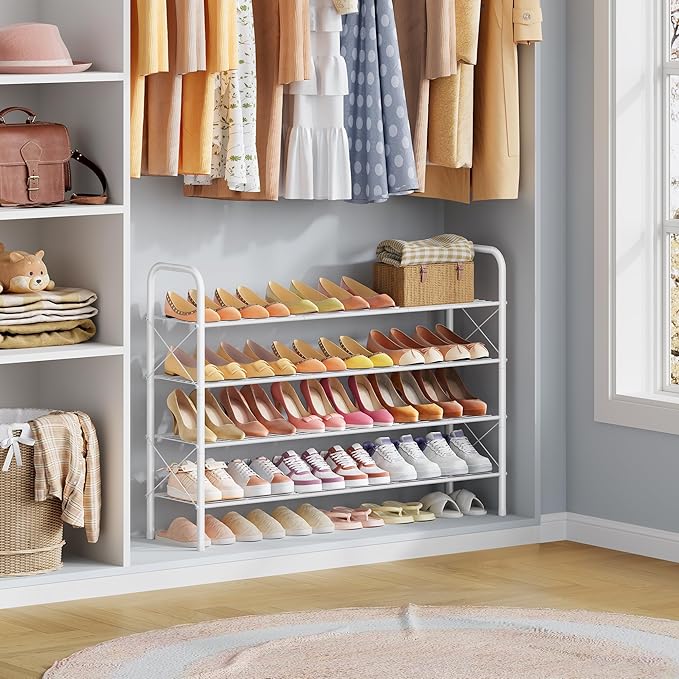 Hoctieon 4 Tier Mesh Style Shoe Rack, Entryway Shoe Shelf, Shoe Storage Organizer, Shoe Rack for Closet, Space Save for Bathroom, Garage, Hallway, Bedroom, Living Room, White