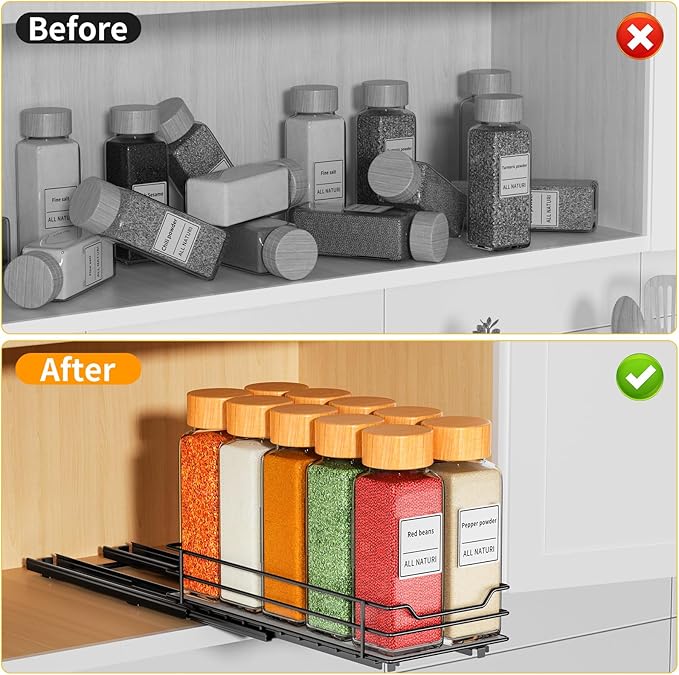 RCHYFEED Pull Out Spice Rack Organizer for Cabinet,Slide out Spice Organizer for Inside Cabinets,Heavy Duty Spice Organization for Kitchen and Pantry,Seasoning,Sauces(1-Tier,4.5" Wx10.5 Dx2.5 H)