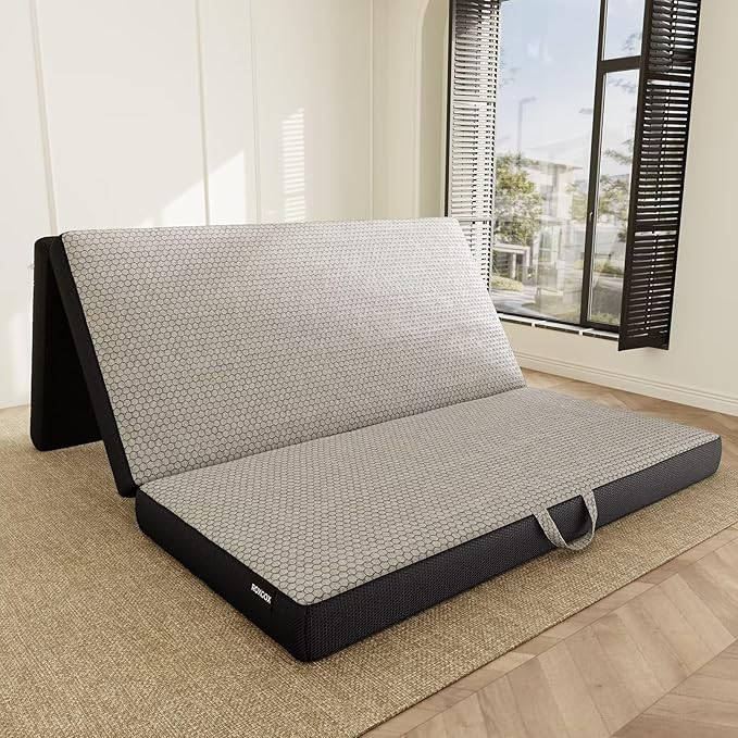 Memory Foam Trifold Mattress - Queen Portable Floor Bed 4 Inch, Foldable Mat with Washable Cover, Handle & Non-Slip Bottom, for RV, Travel, Camping, Yoga, 78"x58"x4"