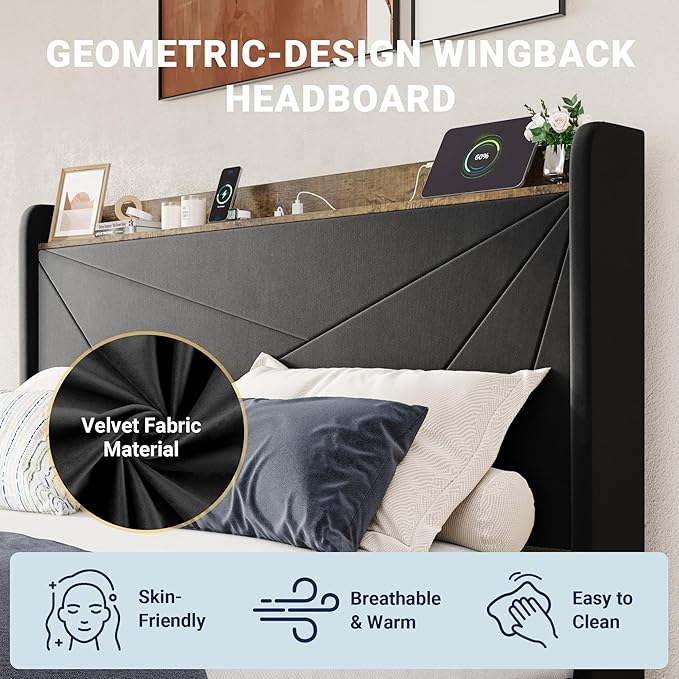 Allewie Queen Size Velvet Bed Frame with 3 Storage Drawers, Upholstered Platform Bed with Wingback Storage Headboard and USB Ports, No Box Spring Needed, Easy Assembly, Black
