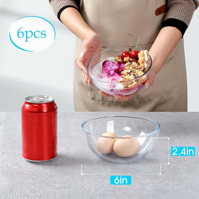 NUTRIUPS 6 Inch Glass Bowls, Small Glass Bowl Set, Clear Tempered Glass Salad Bowls for Kitchen Microwave and Oven Safe