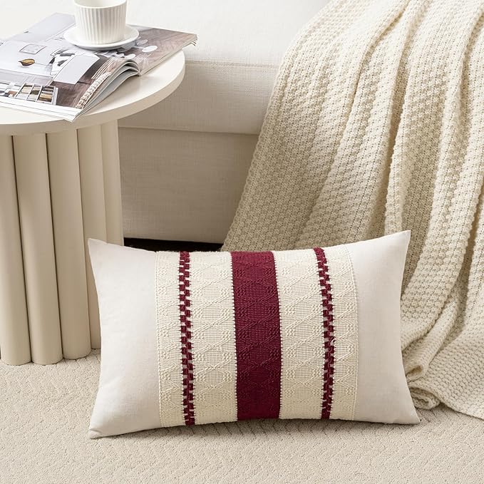 Fancy Homi Set of 2 Burgundy Boho Long Lumbar Decorative Throw Pillow Cover 12x20 Inch for Couch Bed Sofa, Aesthetic Modern Farmhouse Christmas Room Decor, Soft Cotton Cute Wind Red Cushion Case