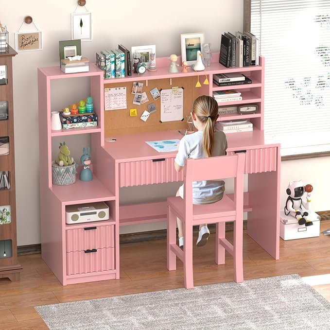 Pink Wooden Kids Fluted Desk and Chair Set,Kids Study Desk with Storage Shelves,Kids Study Table and Chair Set with 4 Fluted Drawers,Girls Study Desk for Kids with Hutch for Bedroom-Q3o2V0