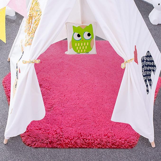 junovo Ultra Soft Rug for Nursery Children Room Baby Room Home Decor Dormitory Hexagon Carpet for Playhouse Princess Tent Kids Play Castle, Diameter 4.6 ft, Hot-Pink