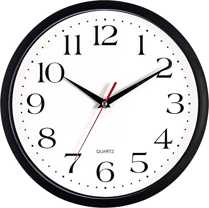 Bernhard Products Black Wall Clock Silent Non Ticking, 12 Inch Quality Quartz Battery Operated Round Easy to Read Home/Office/Kitchen/Classroom/School Clock Sweep Movement