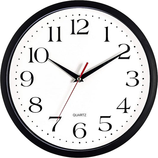 Bernhard Products Black Wall Clock Silent Non Ticking, 12 Inch Quality Quartz Battery Operated Round Easy to Read Home/Office/Kitchen/Classroom/School Clock Sweep Movement