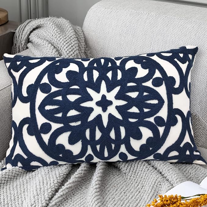 Alysheer Embroidered Lumbar Decorative Throw Pillow Cover 12"x 20", Classic Boho Mandala Embroidery Pattern Cotton Rectangular Cushion Case for Sofa Couch Living Room Bedroom(Navy Blue)
