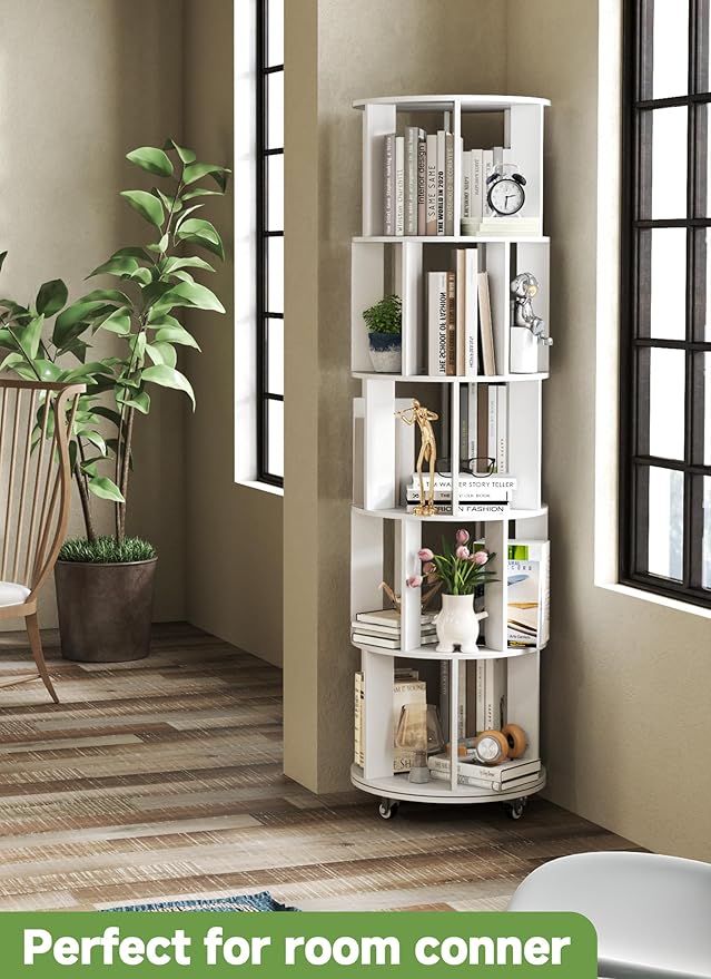 Baoz 5-Tier Rotating Bookshelf Tower, 360° Display Stackable Spinning Bookshelf with Wheels, Floor Standing Corner Revolving Bookcase, Rotating Book Shelf for Kids Rooms, Living Room, Bedroom - White